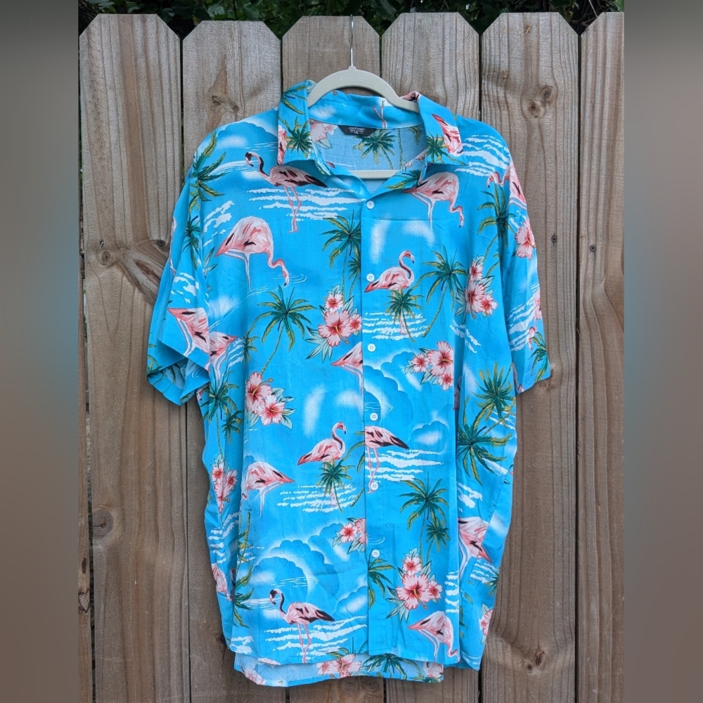 Coofandy Blue Tropical Flamingo Patterned Short Sleeve Button Down Shirt